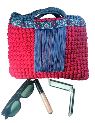 Small dark pink and blue tote handbag for boho style woman