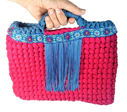 Small dark pink and blue tote handbag for boho style woman