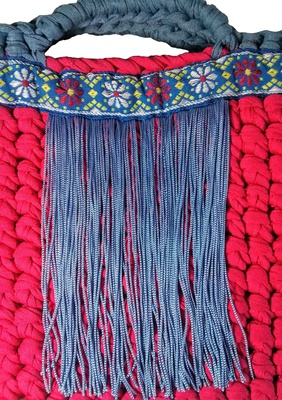 Small dark pink and blue tote handbag for boho style woman