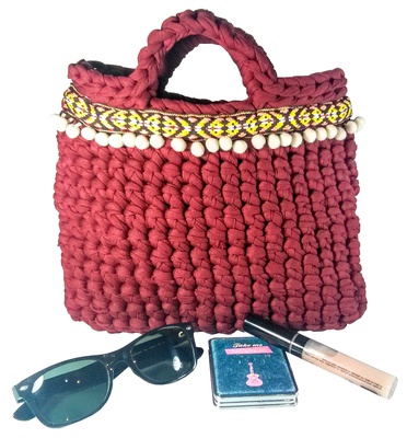 Small dark red handbag for woman, handmade purse boho style