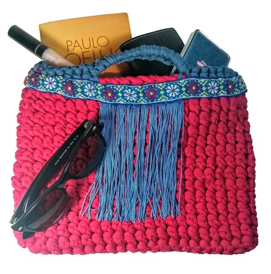 Small dark pink and blue tote handbag for boho style woman