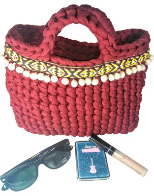 Small dark red handbag for woman, handmade purse boho style